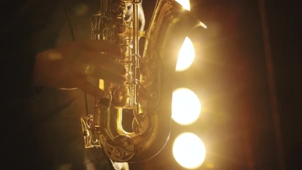 Le saxophoniste joue sur le saxophone doré. Silhouette de jeune musicien saxophoniste masculin jouant du saxophone alt doré sur instrument de musique. La musique. Spectacle live — Video