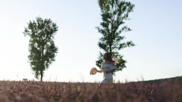 Chica feliz con un sombrero en la mano corre a través de un campo de lavanda con los brazos extendidos. La mujer disfruta del aire fresco en el campo. Chica feliz corre en las flores de lavanda violeta en un campo — Vídeo de stock