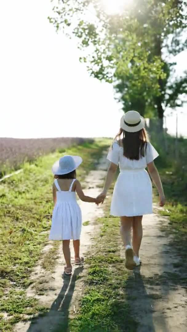 ハッピーファミリーの垂直ビデオは日没時に公園を歩きます。母親と子供の手を屋外で歩いて保持します。共同家族は健康な生活様式を歩く。幸せな家庭の子供時代のコンセプト — ストック動画