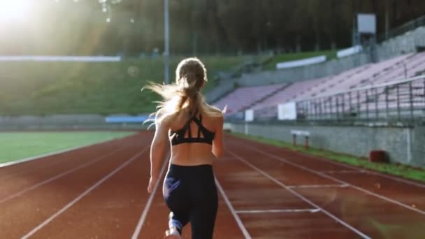 Hátsó kilátás sportoló nő fut gyorsan a pályán a reggeli fény, edzés kemény, felkészülés a verseny vagy a maraton. Fit Girl fekete sportruházat kocogás egy futó pályán — Stock videók