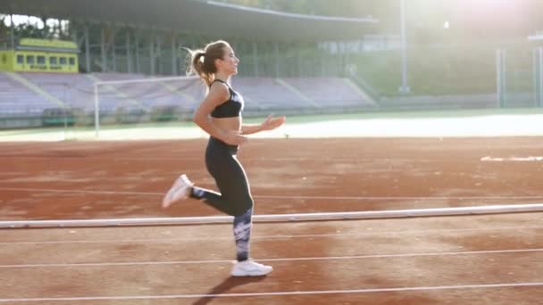 Fitness femme coureuse jogging en plein air piste ensoleillée journée d'été. Athlète féminine s'entraînant sur piste de course à la lumière du matin. Activité de jogger. Femme sportive. Exercices cardio. Concept d'entraînement — Video