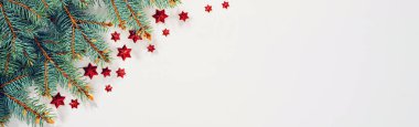 Beyaz üzerine kırmızı yıldızlar olan ladin dalları. Noel ve Yeni Yıl geçmişi