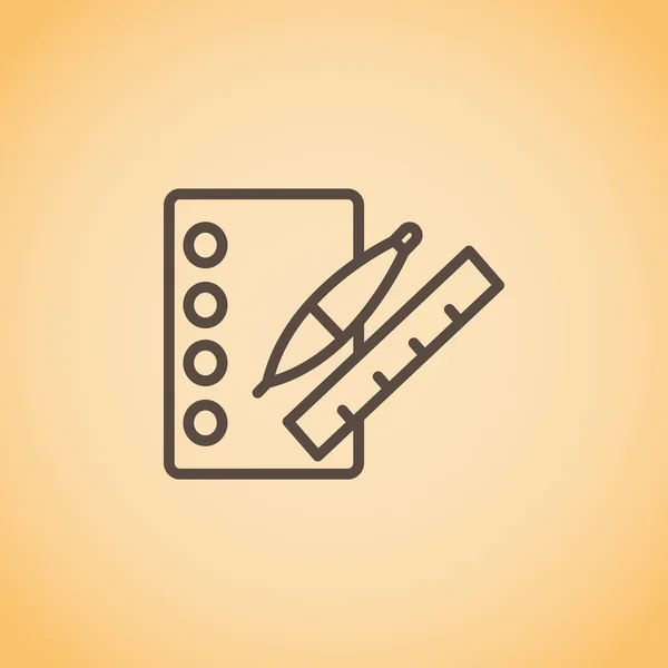 Cuaderno con pluma y regla. Icono — Vector de stock