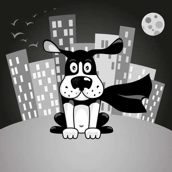 Black and white dog in superhero costume — Stock Vector