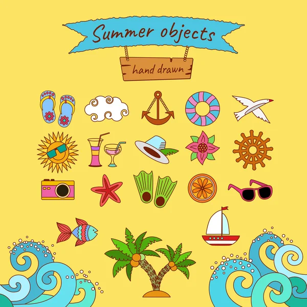 Set of vector hand drawn summer beach and sea objects and simbol — Stock Vector