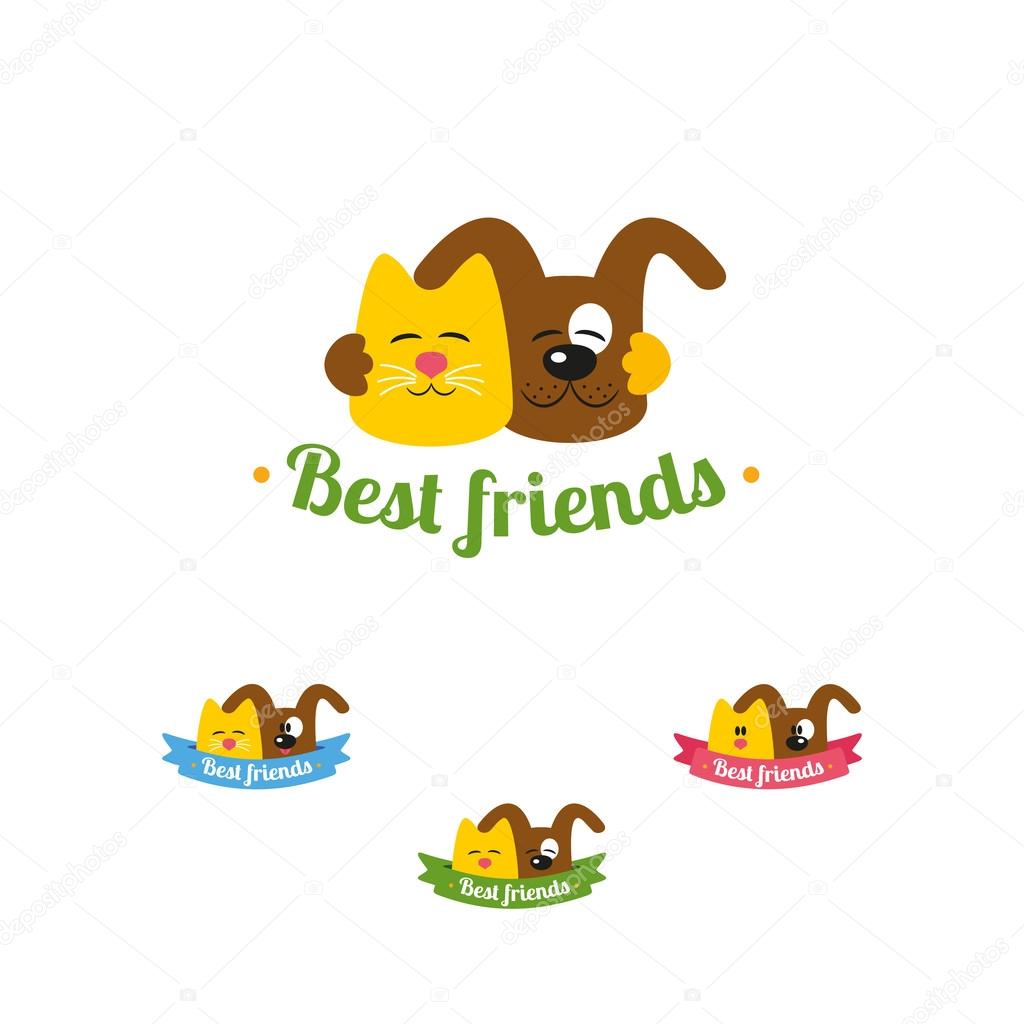 Cat and dog are best friends.Funny cartoon vector logo.