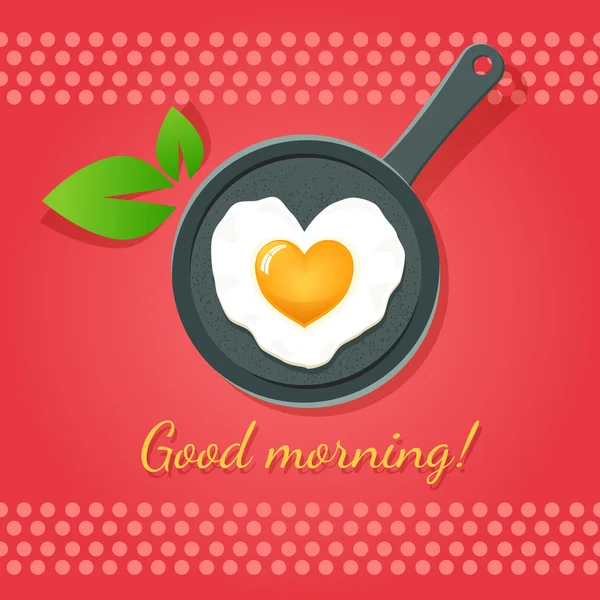 Dobré ráno! Sázené vejce ve formě srdce na pánvi. Vektorové ikony. — Stockový vektor