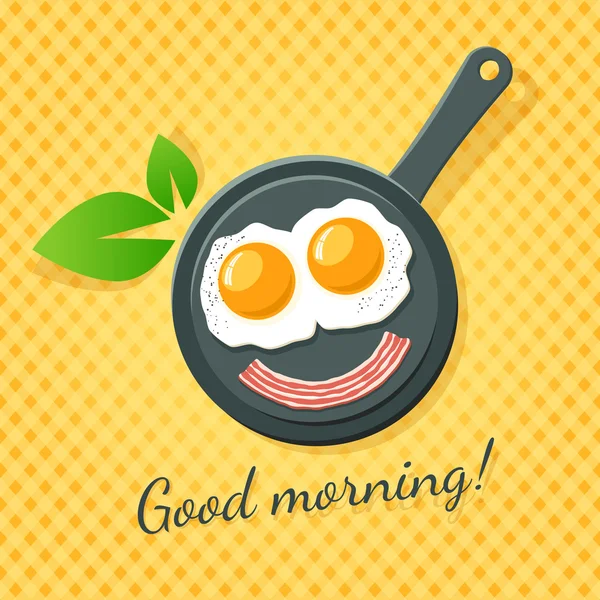 Buongiorno! Buongiorno! Due uova fritte e pancetta sorridono su una padella . — Vettoriale Stock
