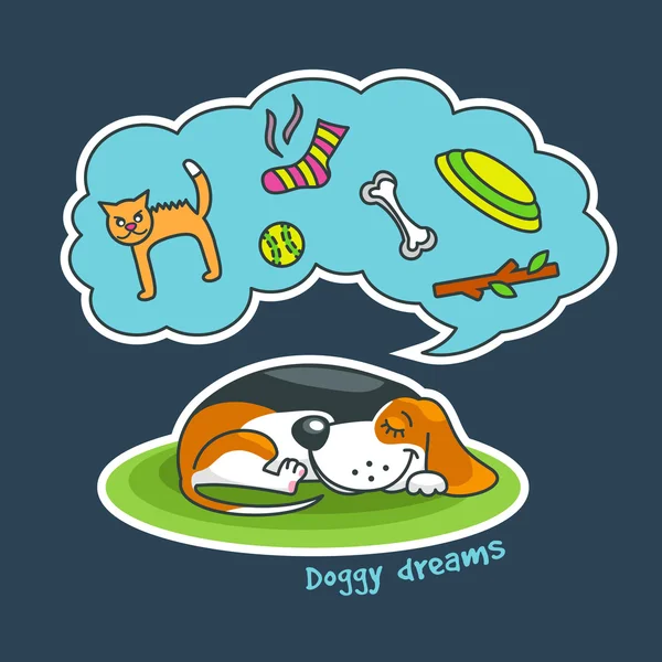 Sweet cartoon dog sleeping and dreaming about his favourite thin — Stock Vector