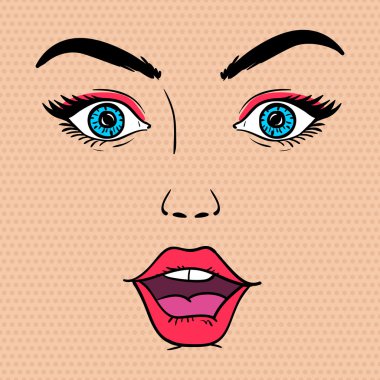 Kadın yüzü açık ağız ile şaşırttı. Vektör çizim pop