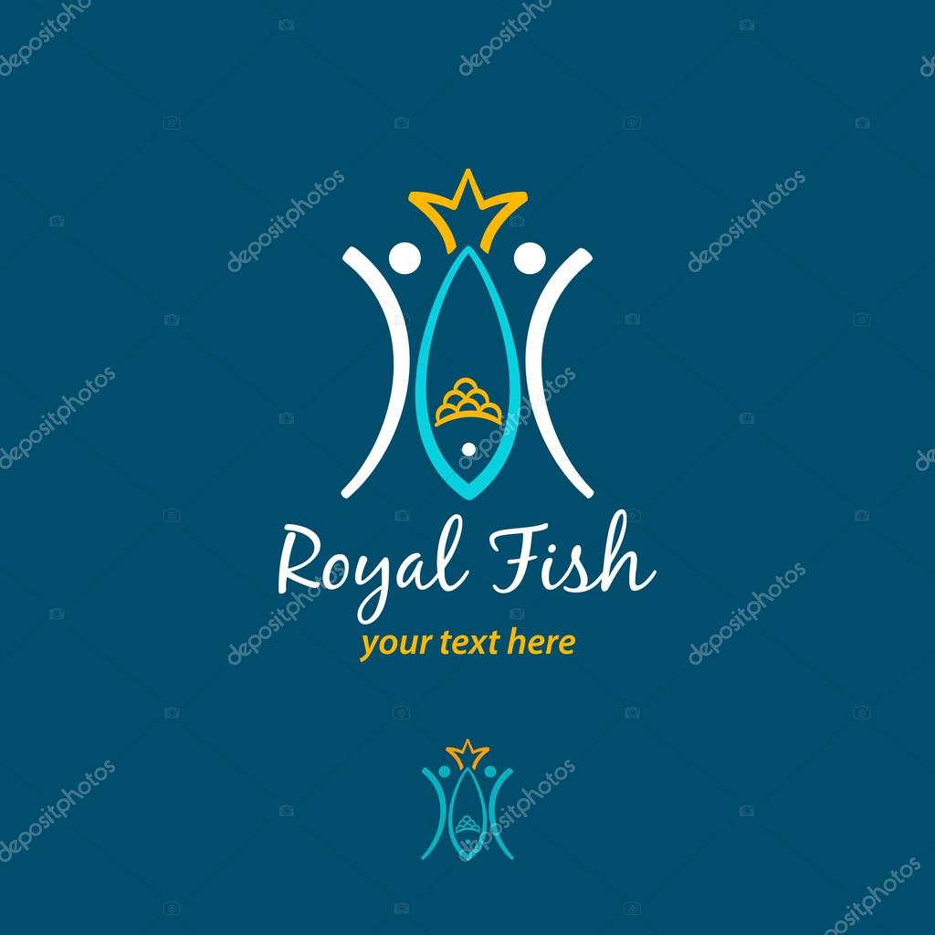 Two fishmen catch a big fish with tail in form of crown. Vector logo concept. Vector logo design template. Vector fish icon.