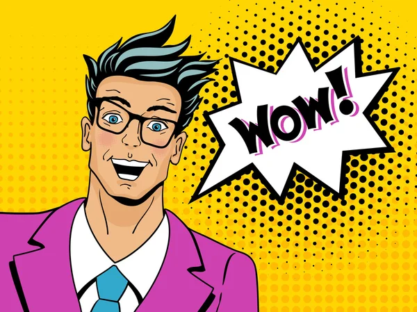 Wow pop art man. Young surprised man in glasses with open mouth. — Stock Vector