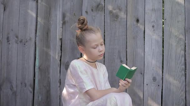 Beautiful Romantic Girl in a Pink Dress Reading a Small Green Book — Stok Video