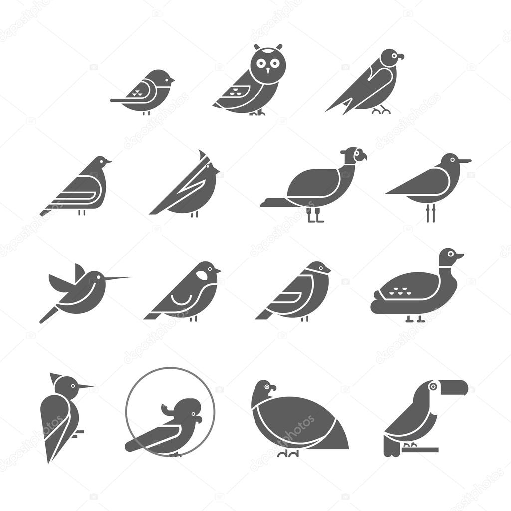 Vector bird icon set. Symbol silhouettes of birds. Flat design