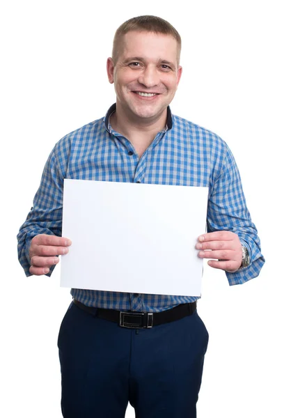 Człowiek posiadający biały deska. — Zdjęcie stockowe
