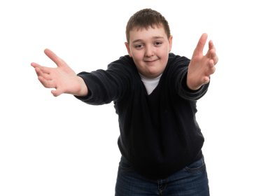 Komik beyaz çocuk gülümsüyor yapması 