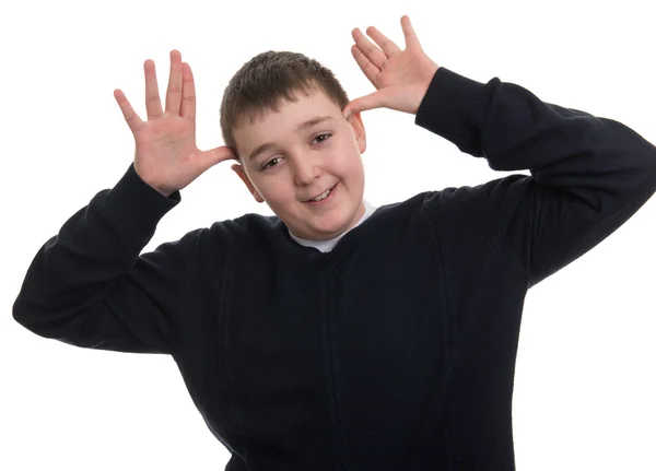 Komik beyaz çocuk gülümsüyor yapması 