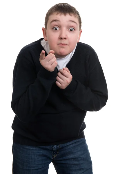 Funny Caucasian boy smiles grimacing — Stock Photo, Image