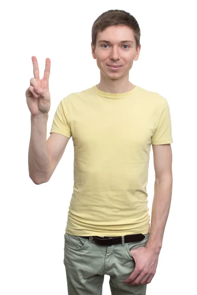 Student boy showing victory sign — Stock Photo, Image