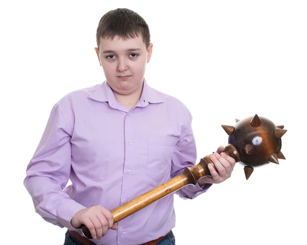 Angry man with wooden sledgehammer — Stock Photo, Image