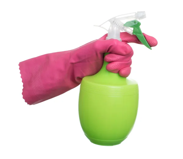 Human hand in glove holding sprayer bottle — Stock Photo, Image