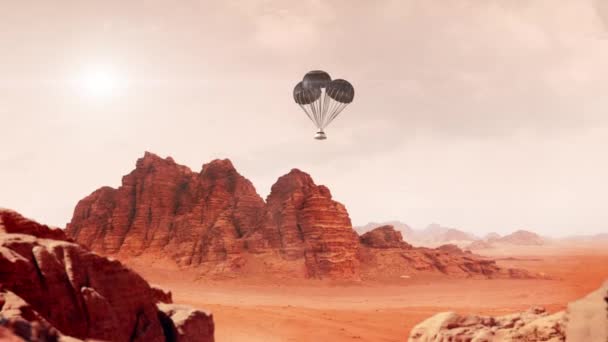 Fallschirm Der Raumkapsel Stürzt Auf Marsoberfläche Lizenzfreies Stock-Filmmaterial