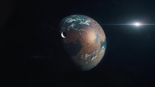 Exoplaneta Habitable Mundo Rojo Con Sonda Espacial Acercándose — Vídeo de stock