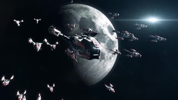 Sci Battleship Fleet Moon Orbit — Stockvideo