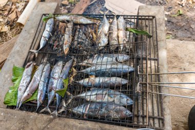 Deniz ürünleri ziyafeti için açık havada ızgara taze balık.