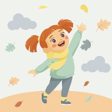 Düşen yapraklarla oynayan mutlu bir kızın tatlı sonbahar vektör çizimi. Çocuk tasarımları, tebrik kartları, posterler, kitaplar ve mevsimlik dekorasyonlar için mükemmel..