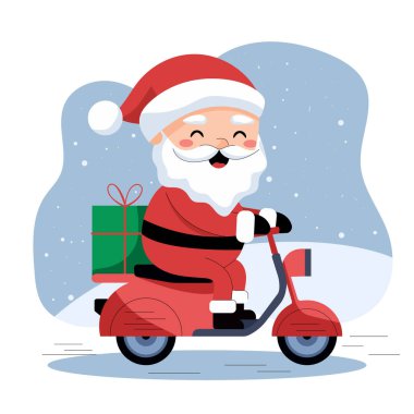Noel Baba 'nın karlı bir kış günü hediye kutusuyla scooter' a bindiği sevimli bir vektör karikatürü, Noel ve yeni yıl tebrik kartları, çocuk tasarımları, tatil afişleri, parti davetiyeleri.