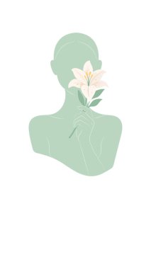 Beyaz zambak, yumuşak pastel yeşil palet ve temiz çizgi sanatı taşıyan sakin bir kadın siluetinin minimum dikey çizimi, sağlıklı damgalama, kişisel bakım içeriği, güzellik projeleri, posterler