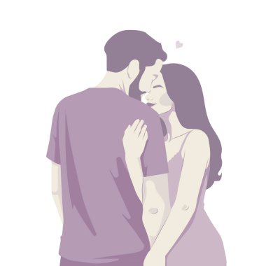 Yumuşak lavanta renginde, sevgililer günü tebrik kartları, düğün davetiyeleri, romantik sosyal medya paylaşımları, posterleri için küçük bir kalp, sarılma ve öpüşme sahnesiyle en az yüzsüz çift vektör ilülasyonu.