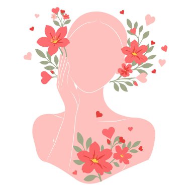 Minimum yüzsüz kadın, çiçek dalları ve pastel tonları olan kalpler, Sevgililer Günü için modern düz vektör, kendini sevme ve sağIık damgası, tebrik kartları, posterler, sosyal medya, güzellik paketi.