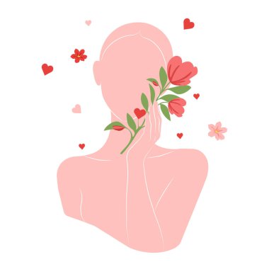 Yüzsüz bir kadın elinde kalplerle çiçek açan bir dal tutuyor, Sevgililer Günü için pastel pembe ve mercan rengi modern düz vektör, 8 Mart, kendini sevme ve sağIık damgası, tebrik kartları için ideal, güzellik reklamları