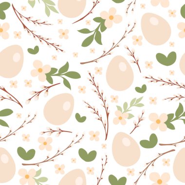 Seamless vector Easter pattern with pastel eggs, spring flowers and pussy willow branches in a modern minimalist Scandinavian paletteperfect for wrapping paper, packaging, stationery, textiles
