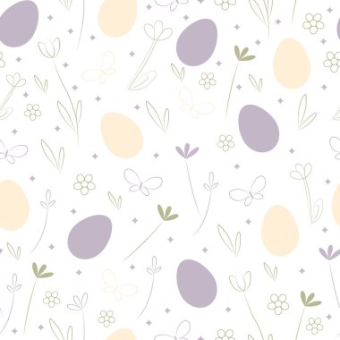 Minimalist çizgi çiçekleri, kelebekleri ve lavanta rengi, bej ve adaçayı tonlarında dekoratif yumurtaları olan kusursuz pastel Paskalya vektör deseni kumaş, ambalaj kağıdı, kırtasiye, bebek dekorasyonu için ideal..