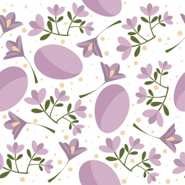 Eflatun Paskalya yumurtaları ve yeşil dallara saçılmış narin çiçekler..