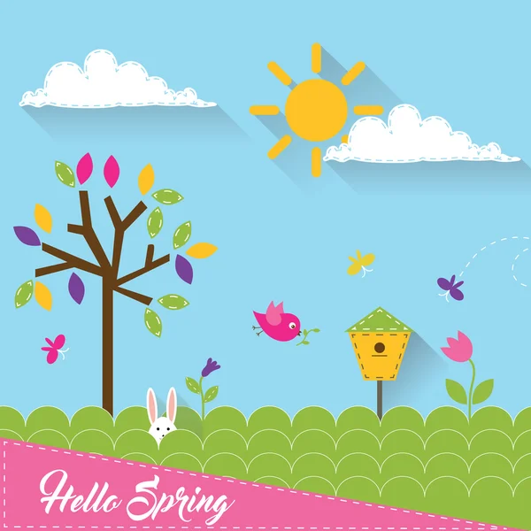 Fond printanier avec papillons, arbre et soleil . — Image vectorielle