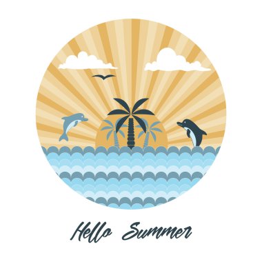 Palmiye ağaçları, güneş ve yunus logo tasarım şablonu