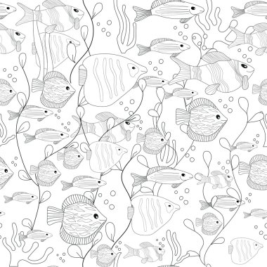 Mürekkep arka plan ile çok sayıda balıklar suda el çekilmiş.