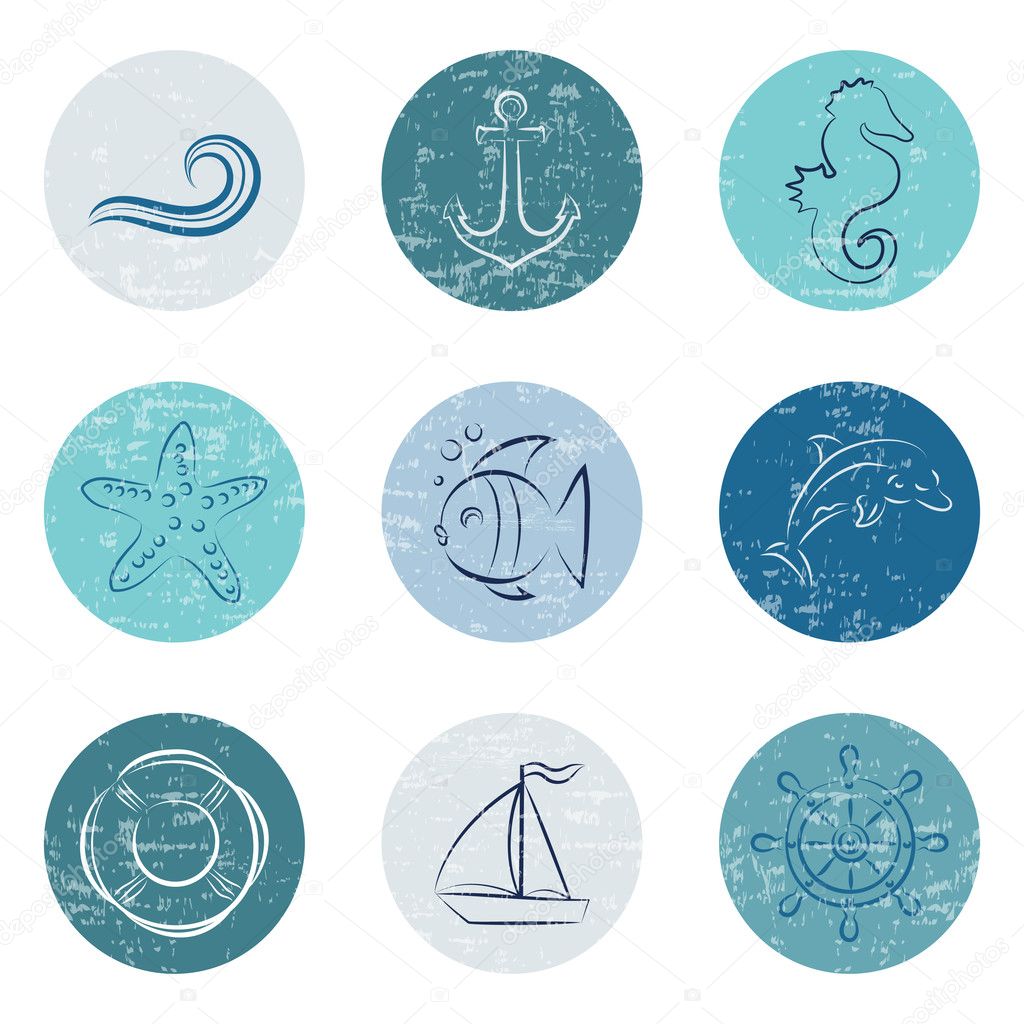 Sea and beach flat icons. Vector set.