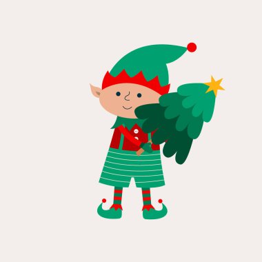 Gri arka planda yeşil ağaçlı Noel elfi. Noel Baba yardımcısıyla düz vektör illüstrasyonu. 