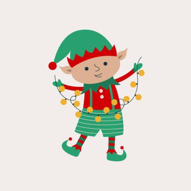 Gri bir arka planda izole edilmiş çelenkli Noel elfi. Noel Baba yardımcısıyla düz vektör illüstrasyonu. 