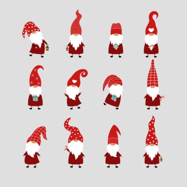 Gri arka planda 12 Noel cücesi. Kırmızı şapkalı cücelerin olduğu vektör kartı.