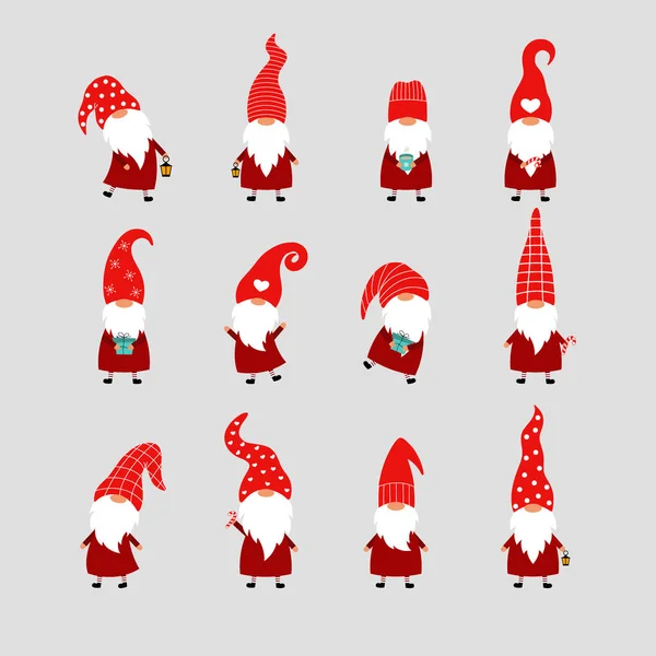 Set Christmas Gnomes Gray Background Vector Card Gnomes Red Hats — Stock Vector