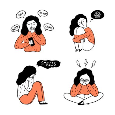Cyberbullying concept. A set of a girl experiencing different emotions such as fear, sadness, depression, stress. Vector hand-drawn illustration. clipart
