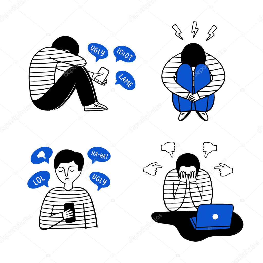 Cyberbullying theme with a sad guy. Internet abuse. Vector doodle illustration.