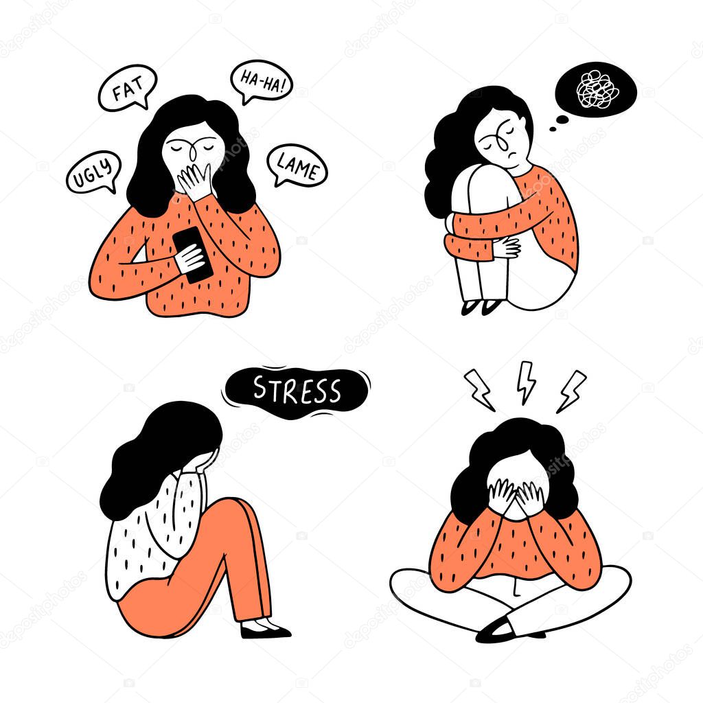 Cyberbullying concept. A set of a girl experiencing different emotions such as fear, sadness, depression, stress. Vector hand-drawn illustration.
