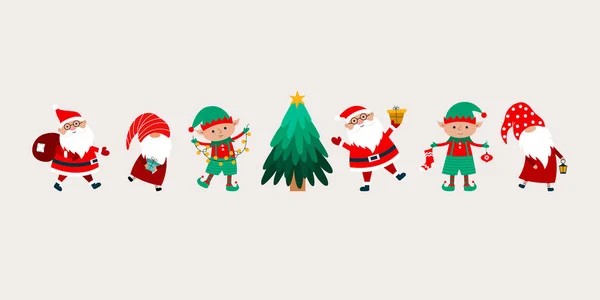 Christmas Banner Santa Claus Gnomes Christmas Tree Elves — Vetor de Stock